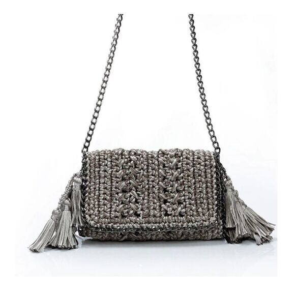 Catarina Mina Mira Handbag in Argenta Gris Crochet Pewter Silver Satin Threads